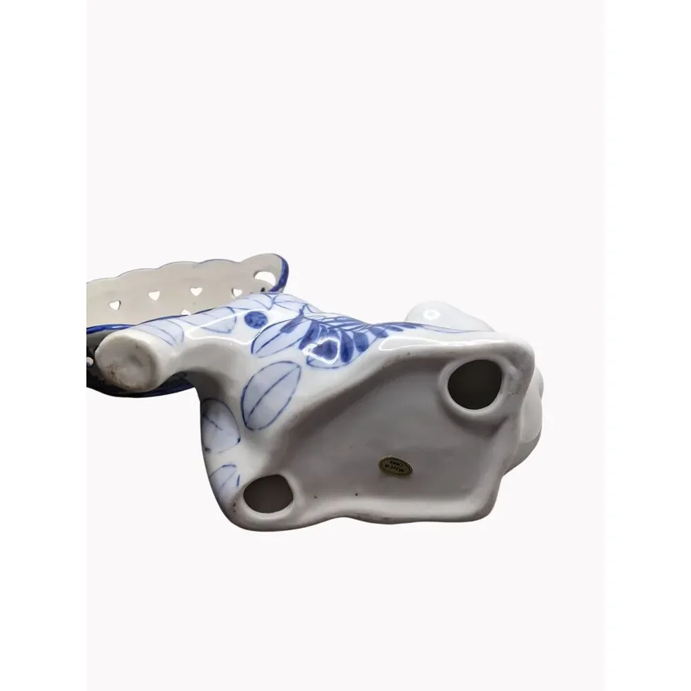Delft Blue Reticulated Trinket Dish & Puppy Dog Candle Holder Holland VTG